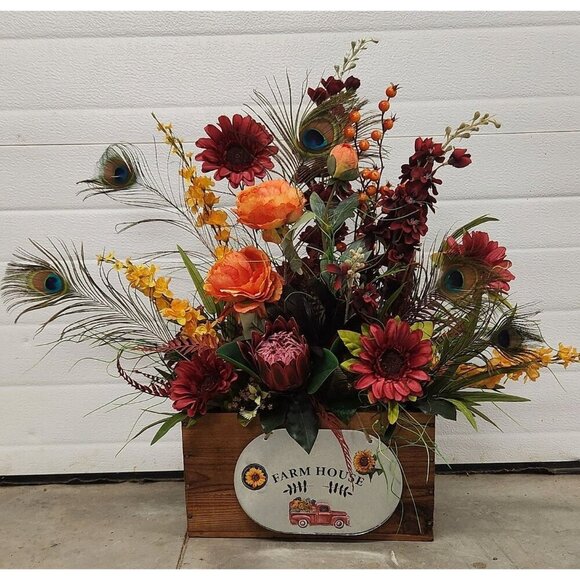 Farmhouse Floral Arrangement In Rustic Wooden Crate W/ Sunflowers & Peacock Feat - Picture 4 of 10